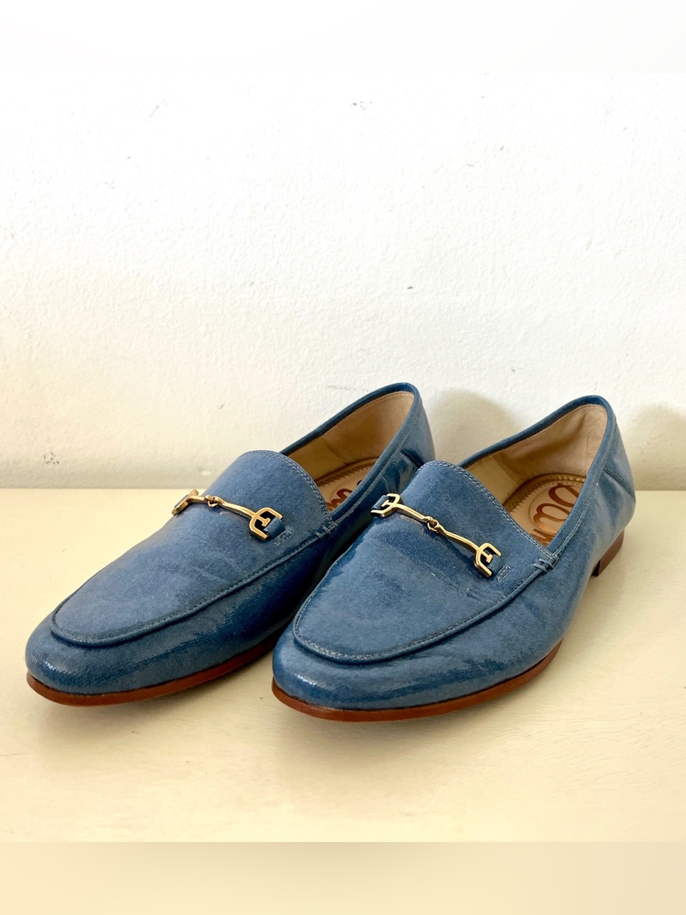 Sam Edelman Loraine Denim Blue Patent Leather Horsebit Loafers - Picture 6 of 8